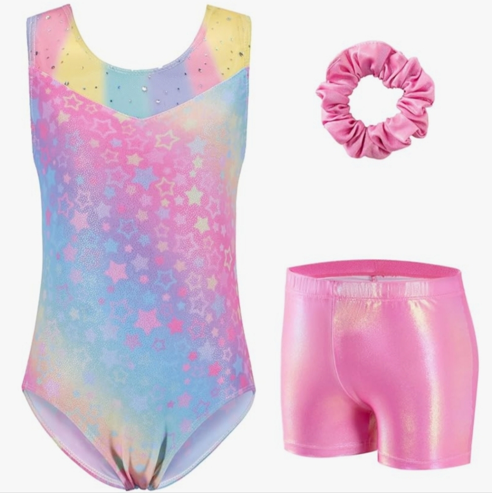 Zaclotre Girls Gymnastic Leotards Glitter Mesh Necline 3 Pieces - NEW 9/10yrs